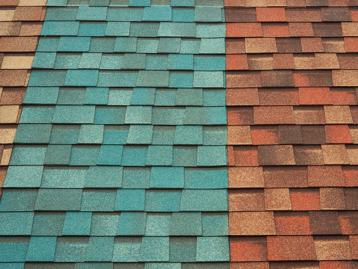 Various shingle colors on the roof of a home.
